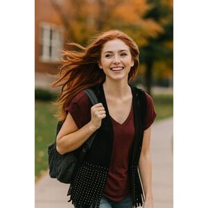 Vocal‎ USA Black Lace Fringe Studded Vest Sleeveless Top Medium